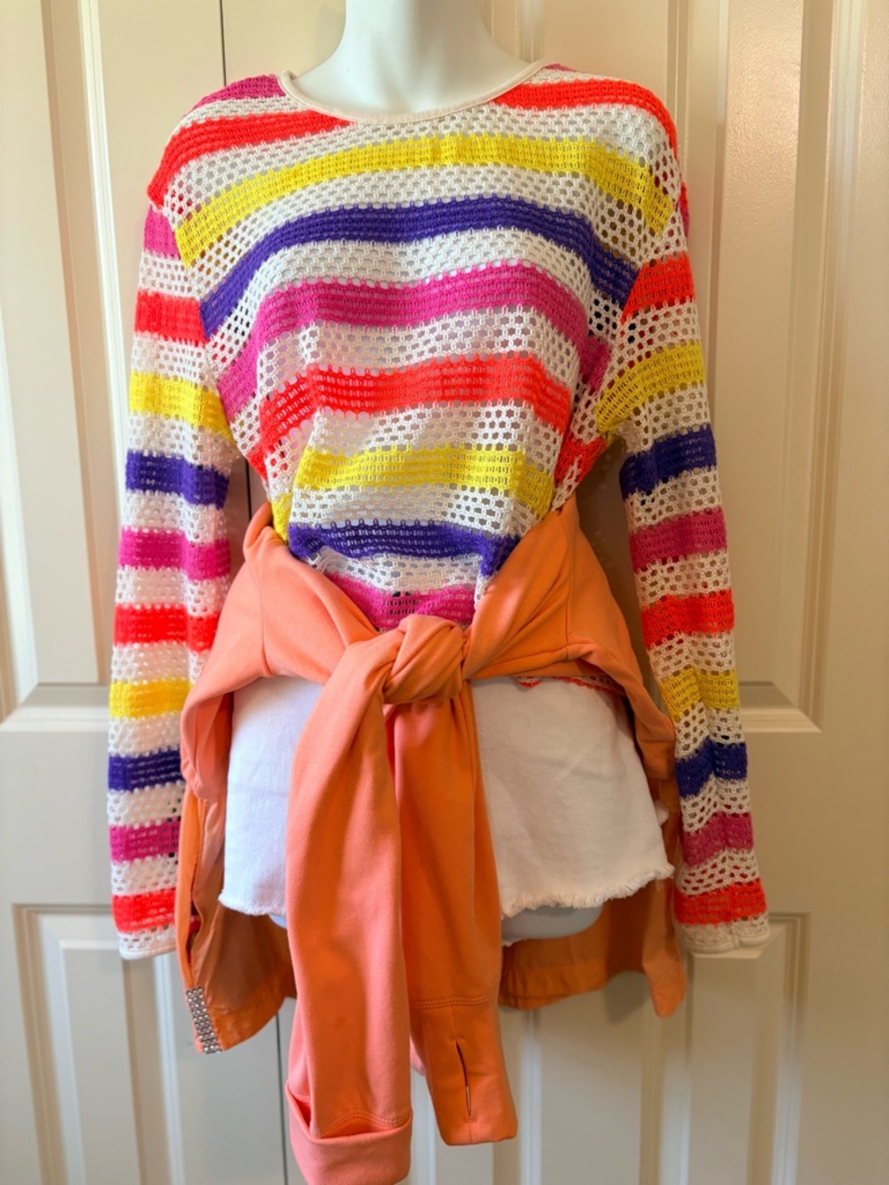 Colorful Striped Crochet Open-Knit Sweater, size L